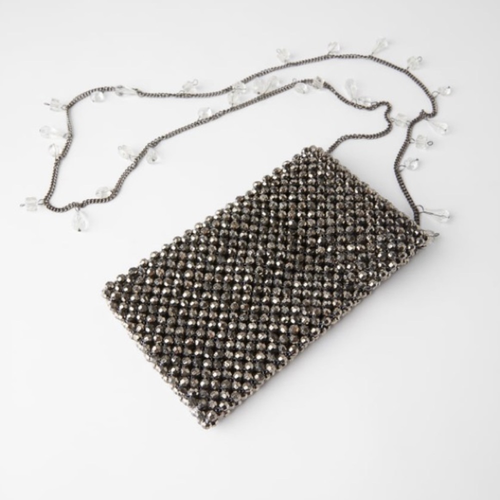 Crystal Beaded Silver Evening Crossbody Bag